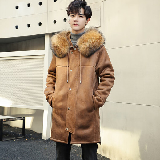 CHEVALPES international first-line brand 2025 new style parka men's fur all-in-one mid-length leather jacket wool lining fur outer brown L