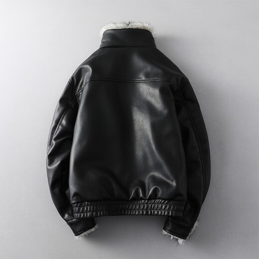 GENIUS international first-line brand fur integrated men's winter loose velvet thickened leather jacket short motorcycle jacket leather jacket for men black M 90-125Jin Jin is equal to 0.5 kg