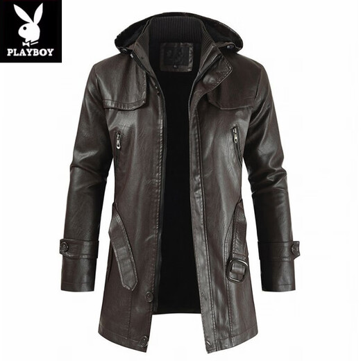 Playboy (PLAYBOY) high-end mid-length men's leather jacket Korean style new youth large size hooded PU leather windbreaker men's jacket brown XL