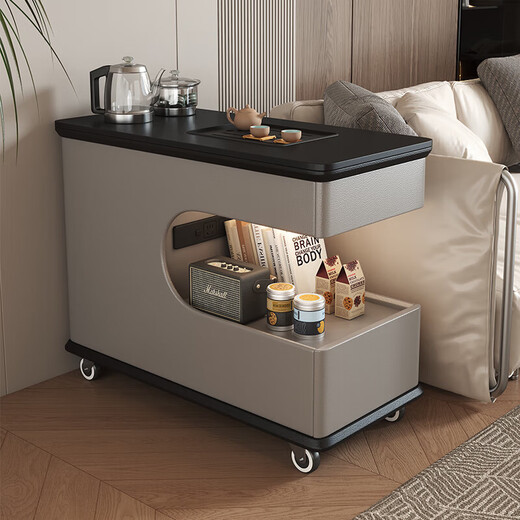 Jingxi Selection Mobile Tea Table Living Room Coffee Table Small Side Table Tea Water Cabinet Intelligent Water Boiling Balcony Kung Fu Tea Table Black + White Tea Style Induction Cooker Set + Drainage Tea Tray