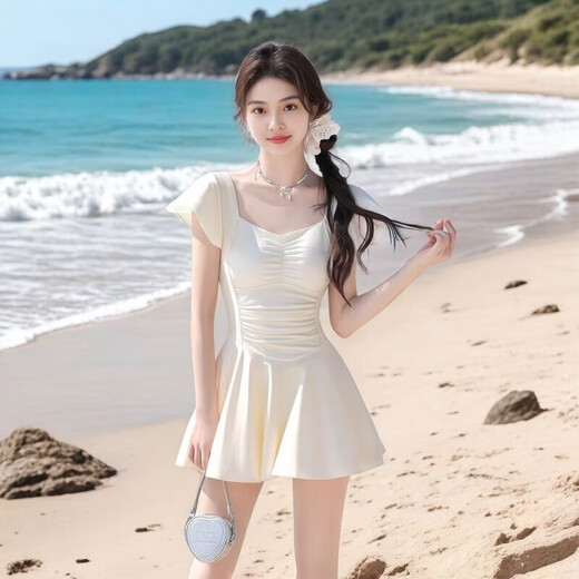 Yookdd swimsuit women's one-piece dress conservative hot spring swimsuit slimming body-covering swimsuit student seaside women's swimsuit off-white one-piece swimsuit one size