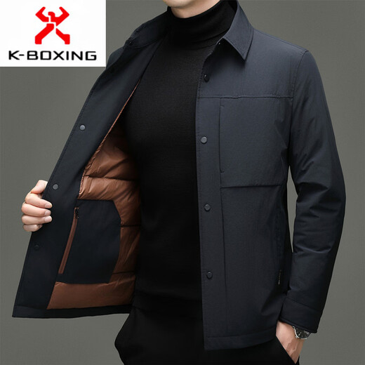 KBXNG Jinba, зимний пуховик на гусином пуху, мужская легкая роскошная повседневная куртка для папы среднего возраста, модная деловая одежда с лацканами, теплый темно-синий, XL 180