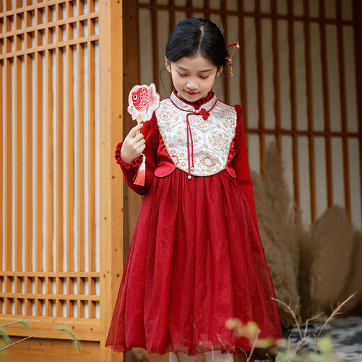 Huatian Cai New Chinese Hanfu Girls New Year's Clothes Autumn and Winter Children's New Year's Clothes Thickened Dresses Princess Dress New Year's Clothes