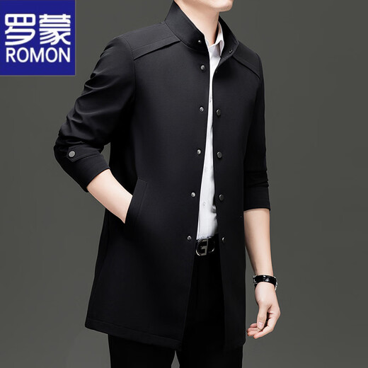 ROMON high-end men's mid-length windbreaker spring and autumn middle-aged and elderly dad wear business casual jacket jacket men's top F17 black XL