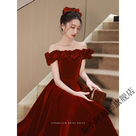 Cha Xiao'a one-shoulder engagement dress for women 2025 new toast dress bride can usually wear wedding dress back to the door banquet burgundy L