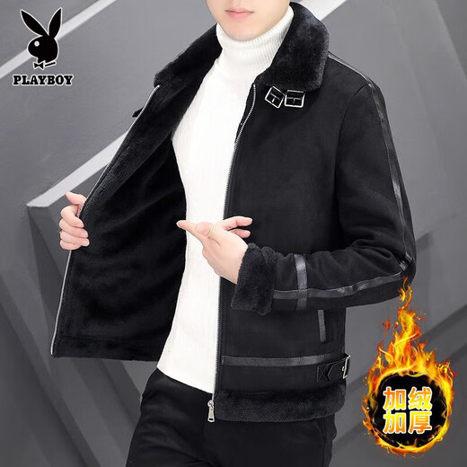 花花公子冬季外套皮衣加绒加厚保暖仿鹿皮绒外套男士潮流韩版男装外套 219灰色 L (建议100-115斤)
