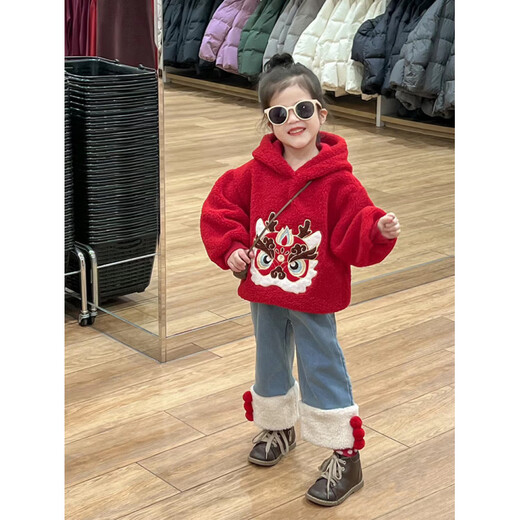 HAL.DUCK girls autumn and winter velvet sweatshirt 2026 new children's red hooded jacket boy baby fashionable jeans suit red sweatshirt sweatshirt velvet 130 cm