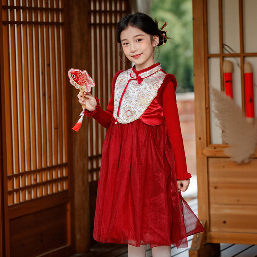 Huatian Cai New Chinese Hanfu Girls New Year's Clothes Autumn and Winter Children's New Year's Clothes Thickened Dresses Princess Dress New Year's Clothes