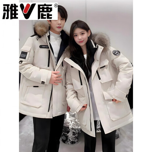 雅鹿男女中长款冬季新款大毛领户外加厚工装极寒派克服外套 燕麦色女 黑色女款 S 建议90-110斤