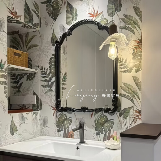 European retro art dressing mirror, bathroom wash mirror, American special-shaped entrance hall, living room, bedroom wall-mounted mirror 80*100CM gold style + LED light