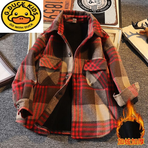 G.duck autumn and winter boys' cotton shirt plus velvet all-in-one winter cotton thickened warm shirt brushed plaid orange plaid plus cotton size 110 recommended height cm