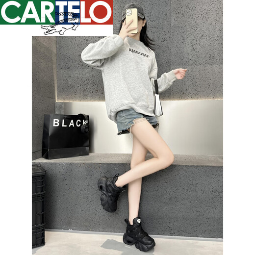 CARTELO crocodile daddy shoes for women 2025 new inner heightening versatile cotton shoes for women winter velvet thick sole high-top casual sports shoes gray 34