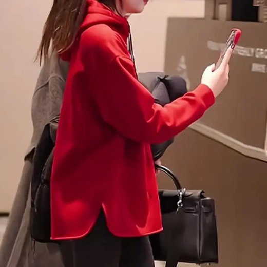 Designed half-zip fashion versatile hooded sweatshirt for women winter new European and Korean loose irregular top red velvet thickened M (recommended 105-120 Jin Jin equals 0.5 kg)