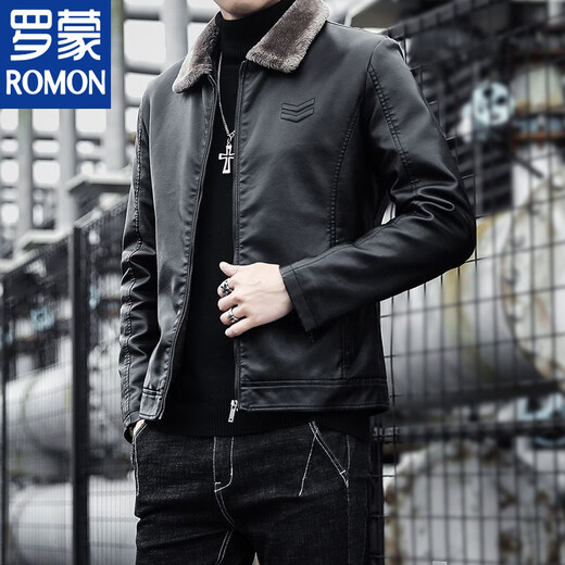 ROMON autumn and winter men's leather jacket new style lapel leather jacket trendy slim motorcycle casual Korean style plush leather jacket black plush plus thick style M recommended 90-110Jin Jin equals 0.5 kg