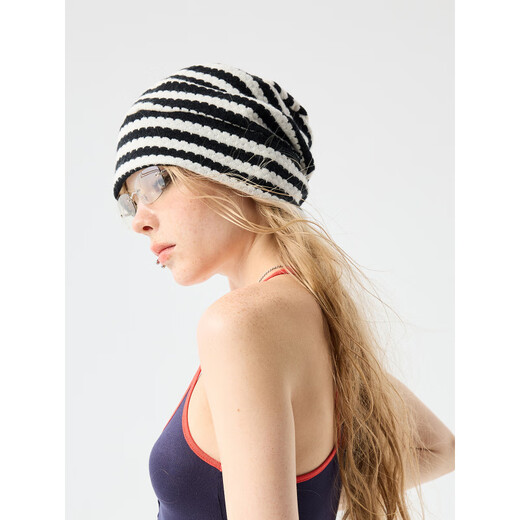 Shang Xuan black and white classic striped woolen hat for women, versatile autumn and winter warm knitted hat for couples, cold hat, Korean striped line