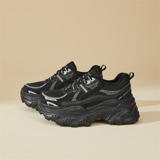 DAPHNE Daphne velvet dad shoes winter new fashion versatile casual shoes women's height increasing sneakers cotton shoes black velvet heel height 6.5cm 35 (225mm) standard size