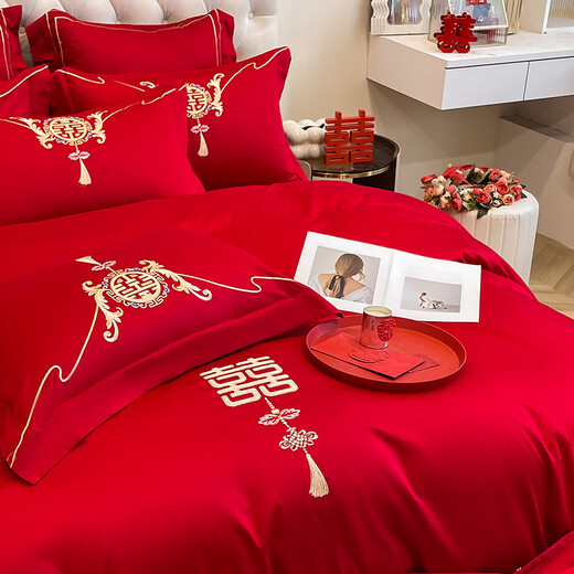 LangSha (LangSha) wedding four-piece bedding set, wedding bright red quilt, Chinese embroidery quilt cover, wedding room bed sheet, quilted bed sheet, wedding - big red - 1.5m bed sheet, four-piece set