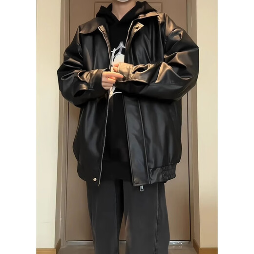 Leather jacket black PU leather jacket men's spring and autumn American cleanfit black upgraded model (90% of customers choose) M