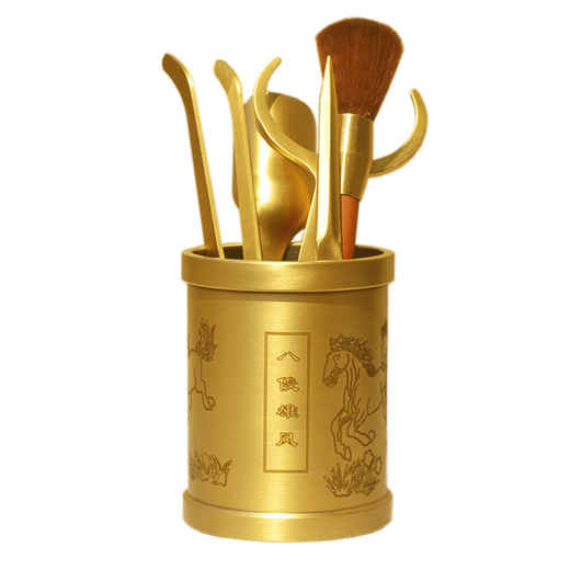 Pu'an Brass Six Gentlemen Set Raising Pot Pen Tea Clip Tea Spoon Tea Cylinder Pu'er Tea Knife and Fork 6 Gentlemen Kung Fu Tea Ceremony Accessories Thickened Double Dragon Opera Zhu Six Gentlemen