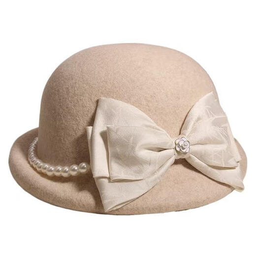 Thousands of gold, white and beautiful Australian wool hat French Hepburn style pearl bow woolen beret white Australian wool S (54-56cm