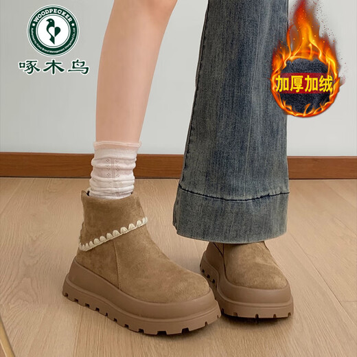 Woodpecker retro British style thick-soled Martin boots for women 2025 new winter with skirt and velvet snow boots Birkenstock short boots khaki plus velvet to keep warm 37 (235mm)
