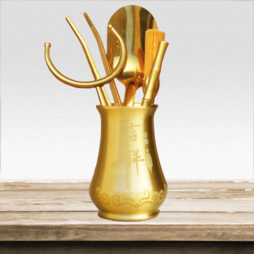 Pu'an Brass Six Gentlemen Set Raising Pot Pen Tea Clip Tea Spoon Tea Cylinder Pu'er Tea Knife and Fork 6 Gentlemen Kung Fu Tea Ceremony Accessories Thickened Double Dragon Opera Zhu Six Gentlemen