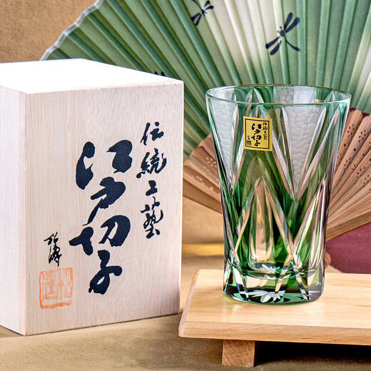 Tajima Glass Green Stone Eyes Star Heavy Pattern Edo Kiriko Sake Cup Imported from Japan