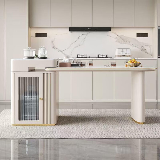 Island table retractable multi-functional canteen dining table cream style household small apartment coffee table dining table tea-making integrated island table + 4 plush chairs retractable 140-170CM track socket type