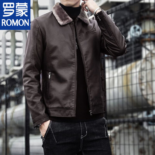 ROMON autumn and winter men's leather jacket new style lapel leather jacket trendy slim motorcycle casual Korean style plush leather jacket black plush plus thick style M recommended 90-110Jin Jin equals 0.5 kg