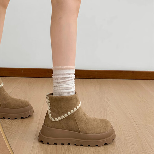 Woodpecker retro British style thick-soled Martin boots for women 2025 new winter with skirt and velvet snow boots Birkenstock short boots khaki plus velvet to keep warm 37 (235mm)