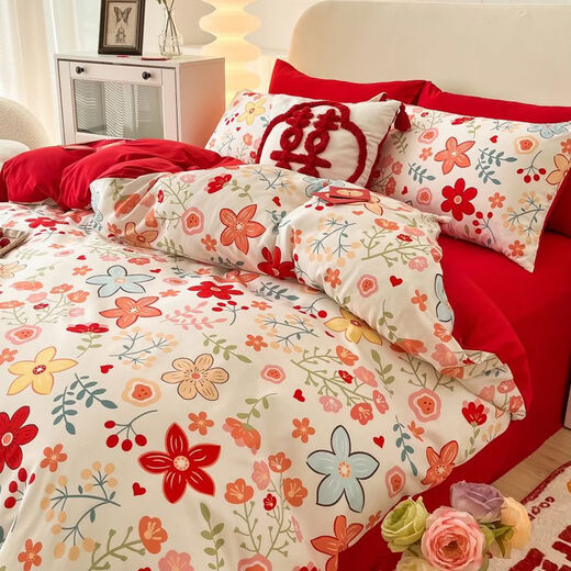 Midelei simple wedding four-piece set big red quilt cover pure cotton wedding bedding dowry wedding room sheets red little lucky 1:5 bed style four-piece set quilt set 200*230