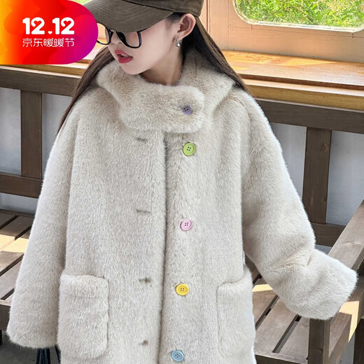 BALA is suitable for autumn and winter new children's fur coat imitation mink fur all-in-one coat for girls, middle and large children, milk tea color 110, recommended height is about 105CM
