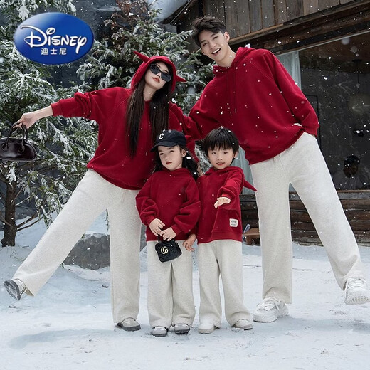 Disney parent-child sweatshirts plus velvet and thickening for mother and daughter 2025 new autumn and winter New Year's greetings for a family of three or four Western-style suits plus velvet red hat 150
