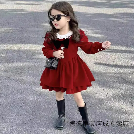 Vinoa Girls Autumn and Winter Dress 2025 New Red New Year Princess Fashionable Children and Baby Girls Plush Skirt Red 100