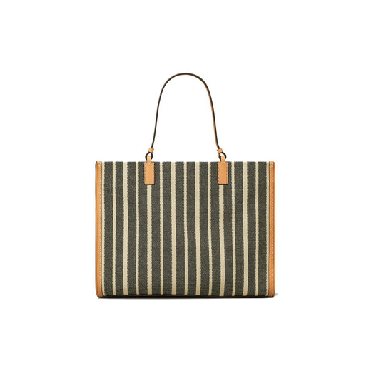 Tory Burch Ella Double T logo stripe lightweight commuting canvas with leather trim canvas bag tote bag basic package (bag + dust bag)