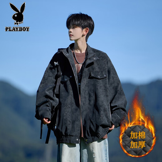 Playboy (PLAYBOY) Retro Leather Jacket Men's Spring, Autumn and Winter New High-end Handsome Jacket Men's Cotton Thickened Warm Top Men 89K1 Beige White Cotton Thickened M Recommended Height 165-170CM Weight 94-110Jin Jin is equal to 0.5 kg
