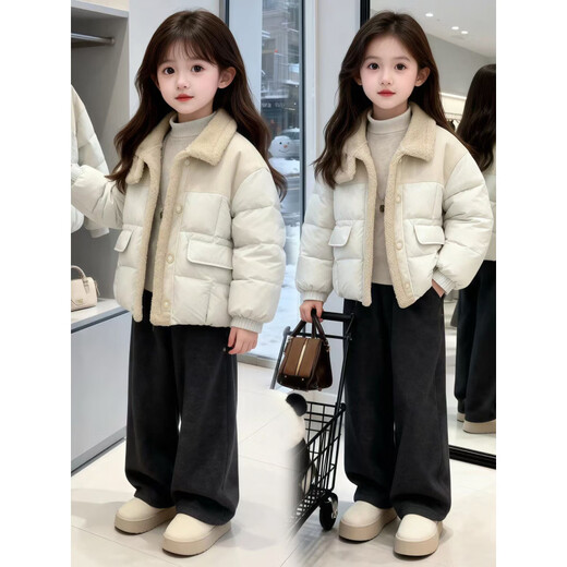 HAL.DUCK Down Jacket Girls' Jacket Autumn and Winter 2026 New Children's Western Style Fur One-piece Warm Jacket Casual Korean Style Cotton Jacket Black 130 cm