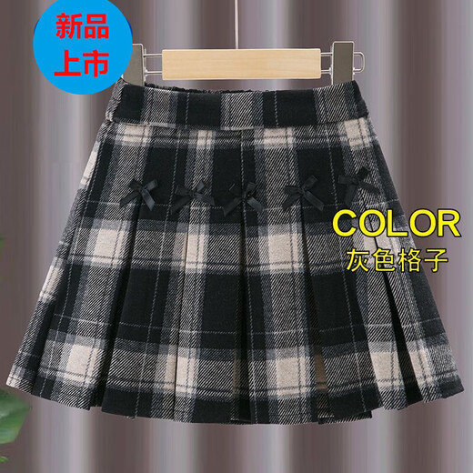 G.duck Girls Skirt Pleated Skirt Autumn and Winter 2025 New Children's Style Versatile Plaid Skirt Girls Skirt Autumn Horizontal Butterfly Woolen Skirt - Black and Gray Plaid 120
