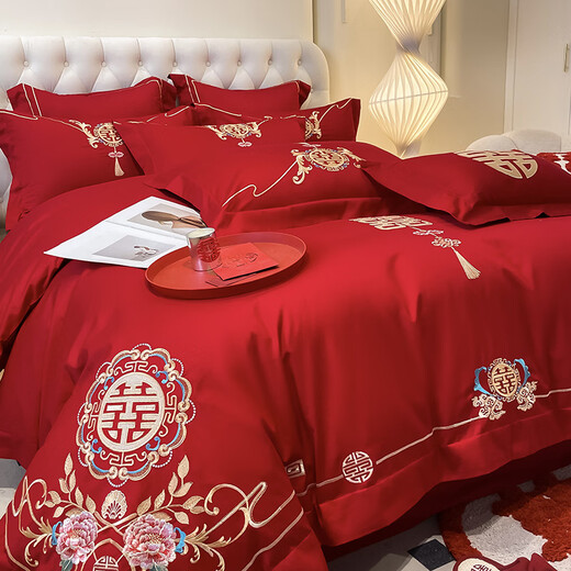 LangSha (LangSha) wedding four-piece bedding set, wedding bright red quilt, Chinese embroidery quilt cover, wedding room bed sheet, quilted bed sheet, wedding - big red - 1.5m bed sheet, four-piece set