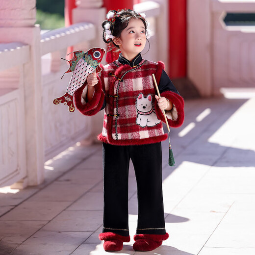 Wooden wooden house Hanfu girls New Year's greetings clothes New Year's wear children's new Chinese suit winter 2026 new style medium and large children warm plus velvet picture color 100 suitable for height 90-100cm age 3-4 years old