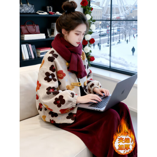 Qiao Bo Lai Hong Kong style retro suit for women in autumn and winter, new style, lazy style, short quilted jacket, loose trousers two-piece set, colorful jacket + brown-red pants M (recommended that 100Jin Jin is equal to less than 0.5kg)