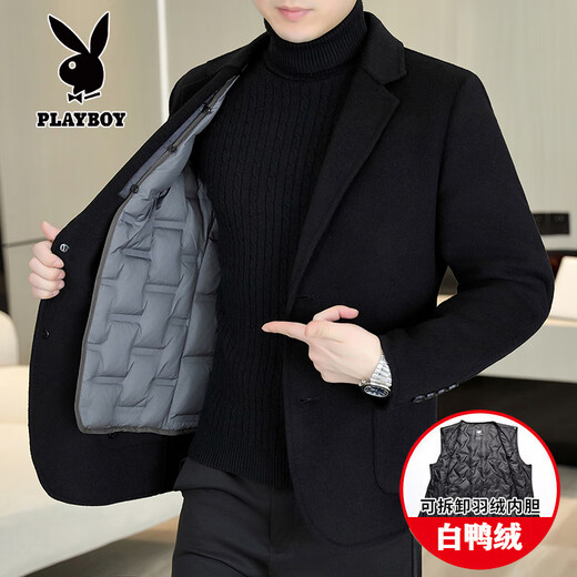 Двусторонний шерстяной костюм Playboy, мужской плотный осенне-зимний деловой повседневный теплый костюм на подкладке, шерстяная куртка, короткий стиль-SJ2312, черный, L 175