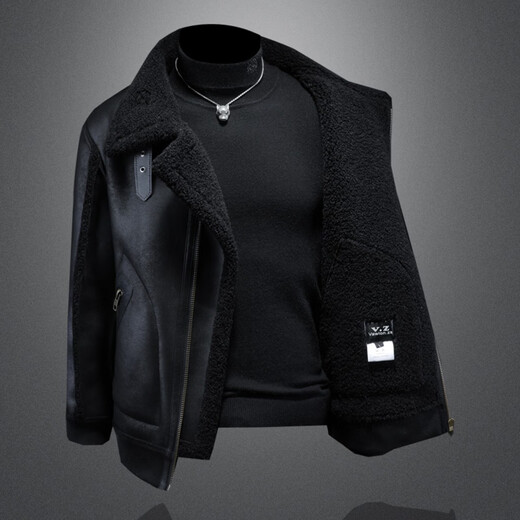 GENIUS international first-line brand fur integrated men's winter velvet thickened leather jacket short motorcycle jacket leather jacket men's clip black L 115-130Jin Jin equals 0.5 kg