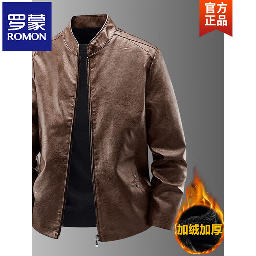 ROMON Haining imitation leather jacket men's stand-up collar plus velvet thickening slim casual trendy handsome leather jacket motorcycle jacket brown without velvet 923KX XL