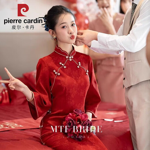 Pierre Cardin (Pierre Cardin) red cheongsam ancient bride wedding engagement dress out of the pavilion and home toasting dress slim female dress red cheongsam S