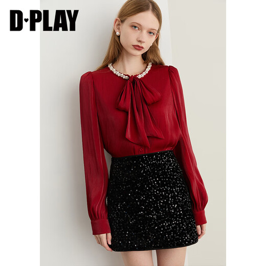 DPLAY Pearlescent Star Series 2025 Winter New Red Shirt Women's Pearl Bow Top Jam Red S