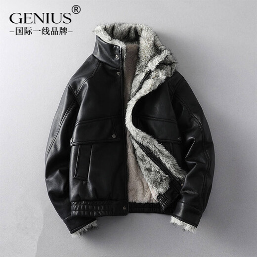GENIUS international first-line brand fur integrated men's winter loose velvet thickened leather jacket short motorcycle jacket leather jacket for men black M 90-125Jin Jin is equal to 0.5 kg