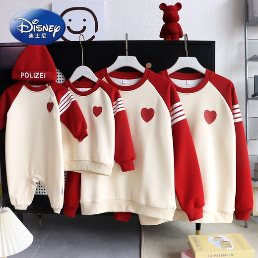 Disney (Disney) red New Year parent-child clothing for small month-old babies 2025 new autumn and winter family of three, four, mother and child, mother and daughter, whole family, love, spring and autumn style 100 Adult M size 100-120Jin Jin is equal to 0.5 kg