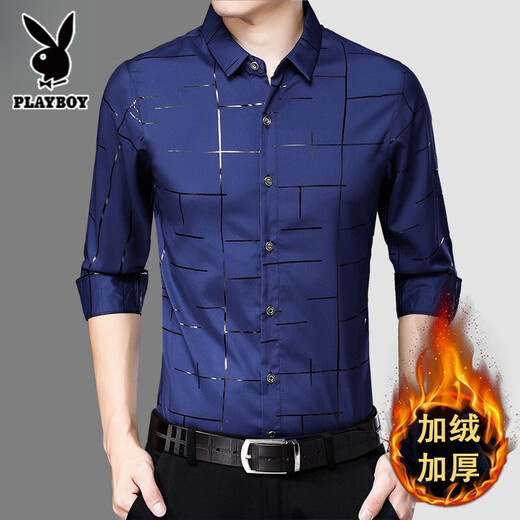 Playboy thickened velvet printed casual shirt men's long-sleeved autumn and winter business ironing-free shirt for young and middle-aged men's men's navy blue flower-170 plus velvet L 170 recommended 120-135Jin Jin equals 0.5 kg to wear