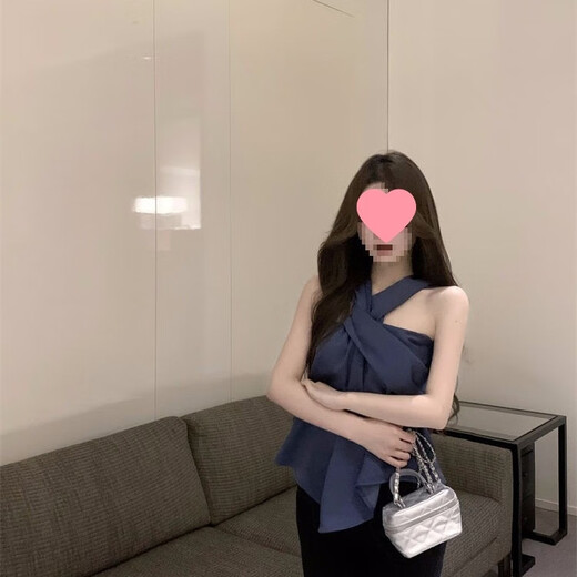 Irregular halter neck suspender women's new summer style chic design niche temperament blue tube top trendy blue S